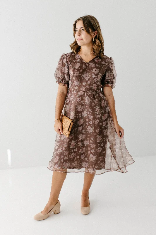 'Fawn' Printed Organza Midi Dress in Soft Brown FINAL SALE