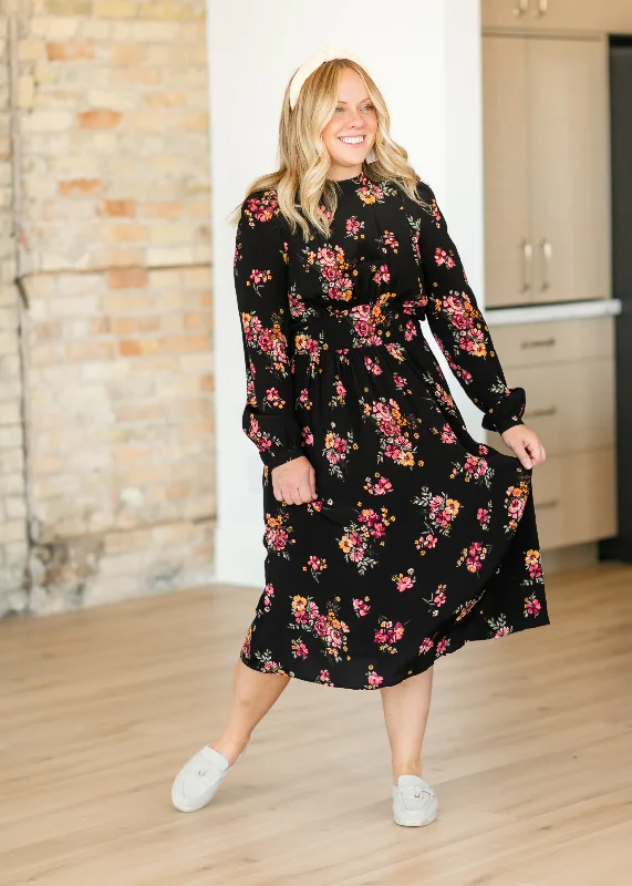 Floral Bunches Waist Panel Midi Dress