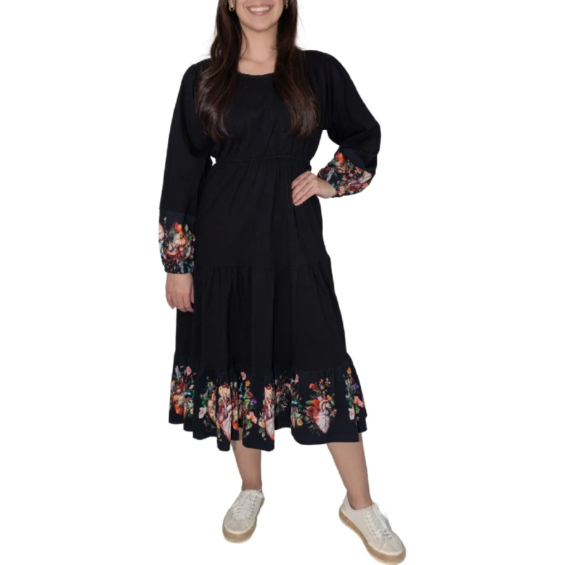 Floral Hearts Long Sleeve Midi Dress (With Waist Seam)[FINAL SALE]