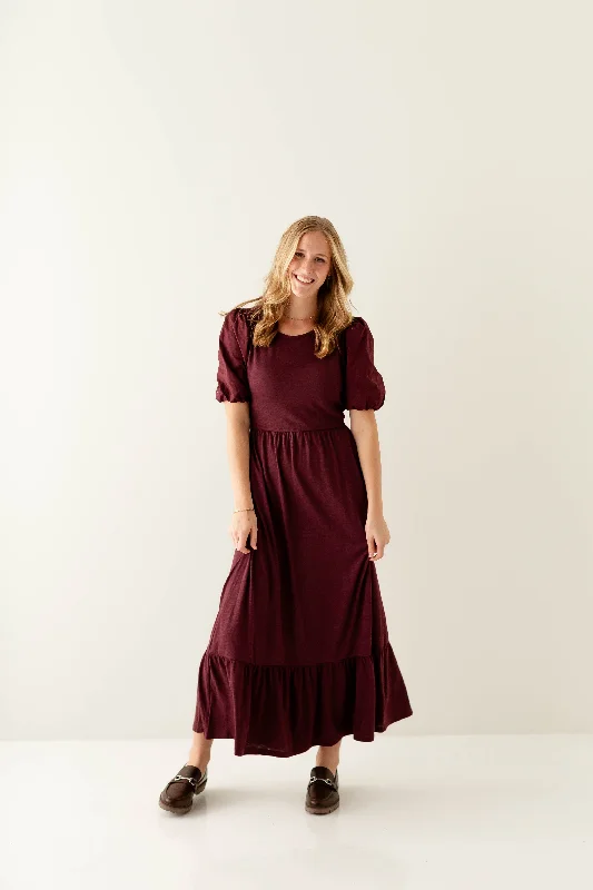 'Glory' Cotton Blend Ruffle Hem Maxi Dress in Merlot