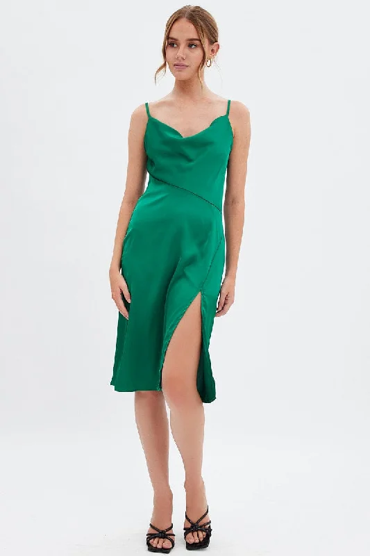 Green Cowl Neck Slip Midi Dress