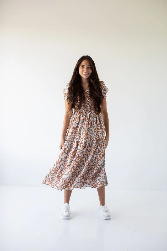 'Jinger' Smocked Bodice Floral Print Midi Dress in Dusty Orange FINAL SALE