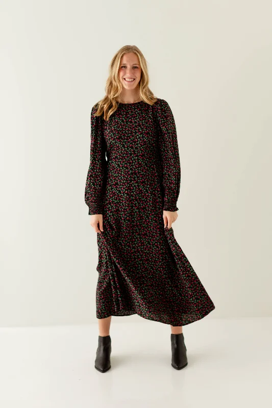 'Laurel' Floral Long Sleeve Maxi Dress in Black