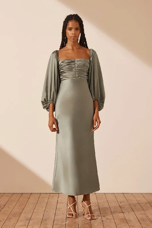 LUXE RUCHED BODICE LONG SLEEVE MIDI DRESS - EUCALYPTUS