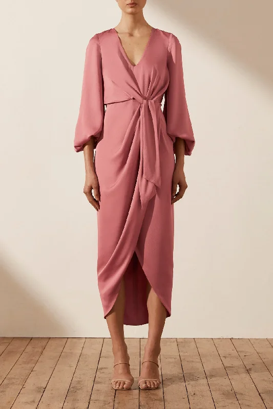 LUXE TIE FRONT BALLOON SLEEVE MIDI DRESS - ROSE