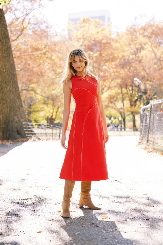 MASON'S DAUGHTER Mia Midi Dress, Red Cotton Twill