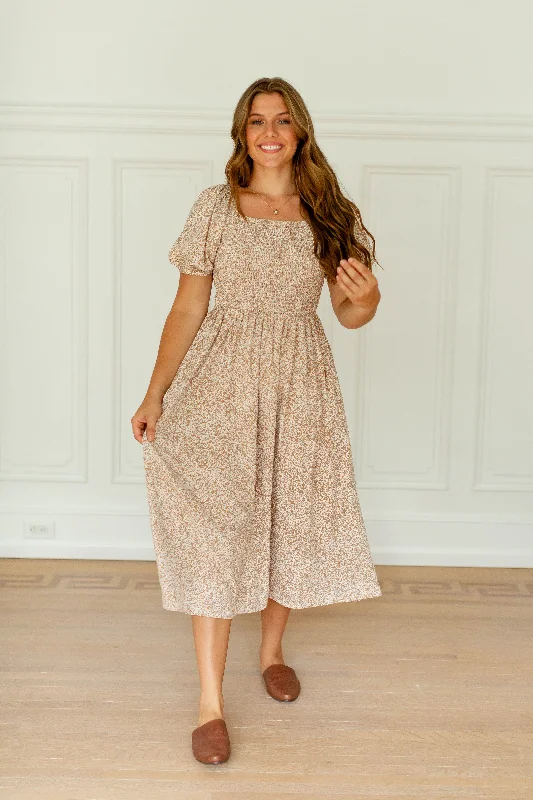 'Maud' Smocked Square Neck Floral Midi Dress in Taupe