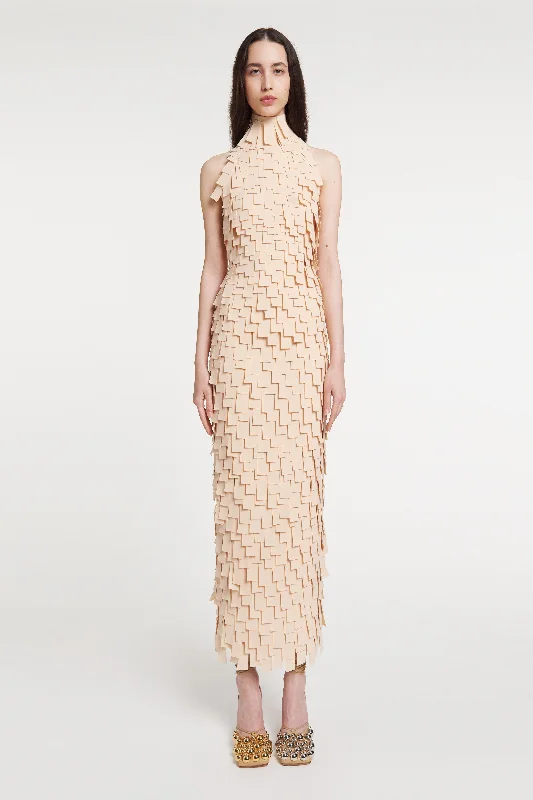 Multi Rectangle High Neck Midi Dress Light Beige