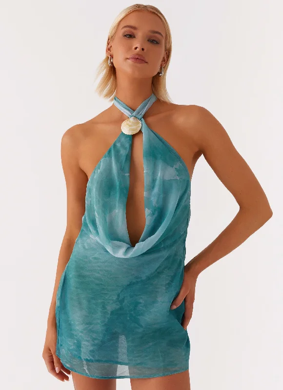 Oceans Away Deep Cowl Mini Dress - Green Tie Dye