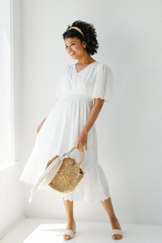 'Pearl' Eyelet Detail Cotton Midi Dress in White FINAL SALE