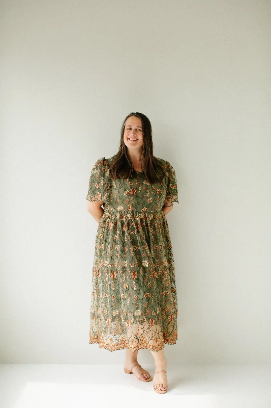 Plus 'Jeanette' Square Neck Embroidered Floral Midi Dress in Olive