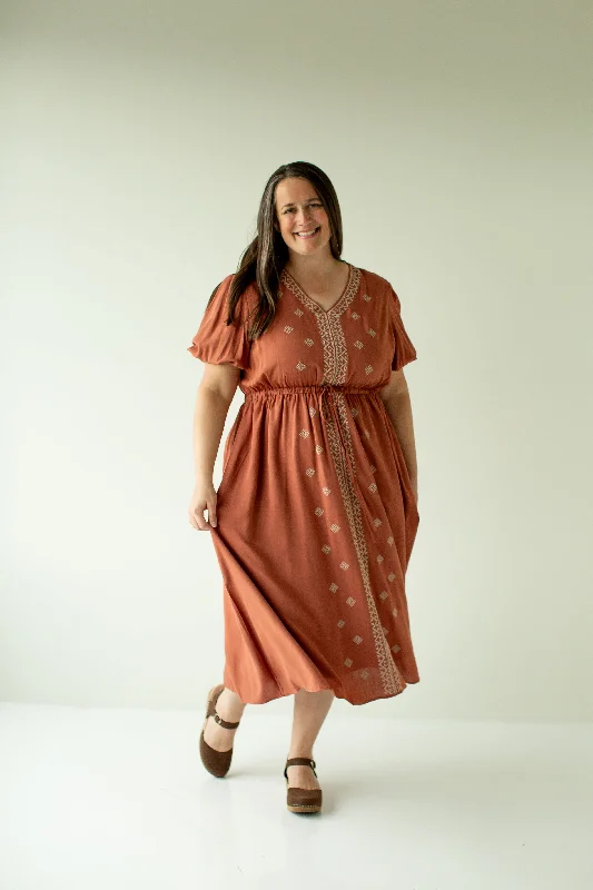 Plus 'Marcella' Puff Sleeve Embroidered Midi Dress in Terracotta