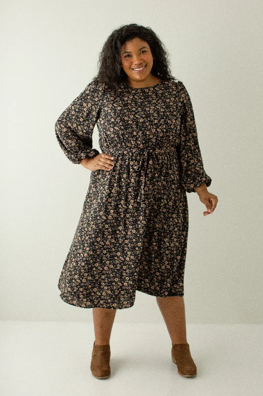 'Ramona' Long Sleeve Floral Midi Dress in Dark Navy