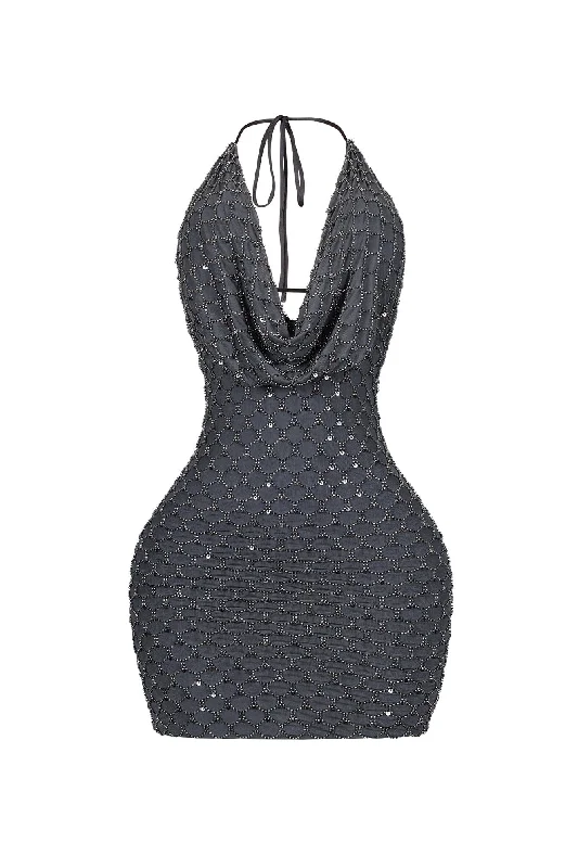 Rebecca Beaded Cowl Neck Halter Mini Dress