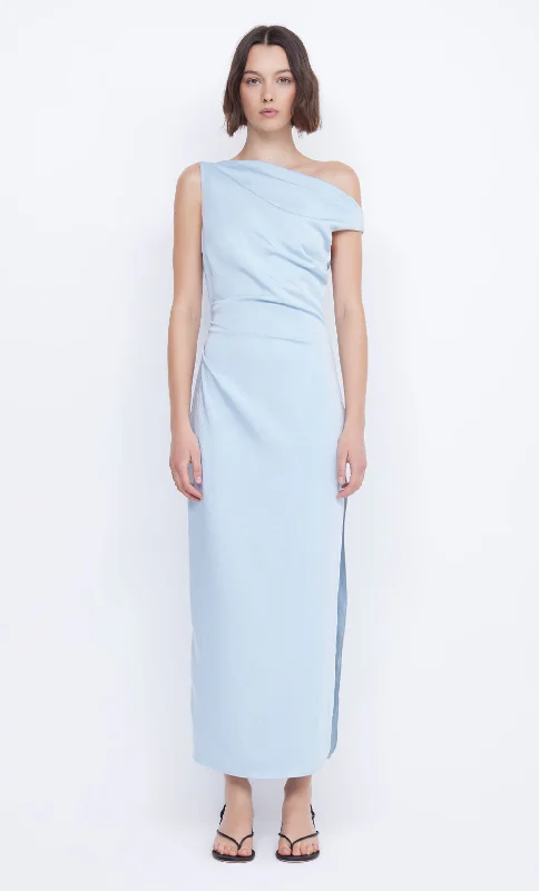 ROCHELLE ASYM MIDI DRESS - DOLPHIN BLUE