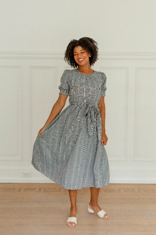 'Selma' Smocked Sleeve Gingham Cotton A-Line Midi Dress in Black FINAL SALE