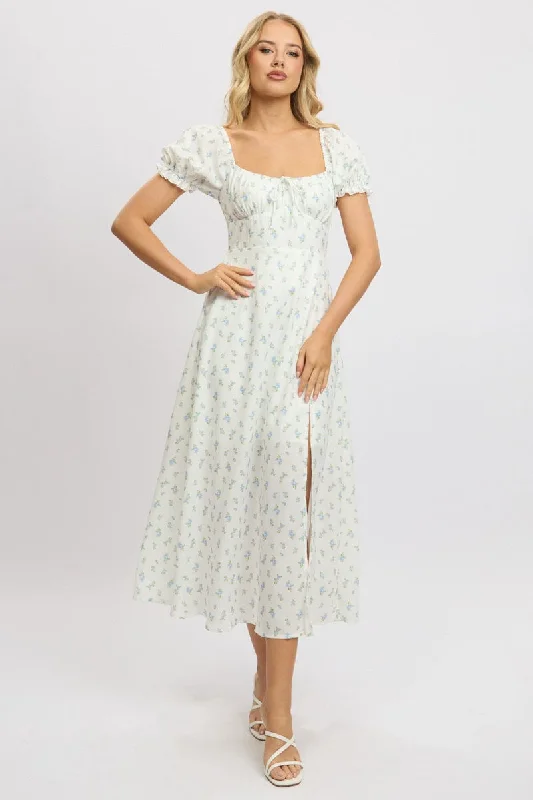 White Ditsy Midi Dress Puff Sleeve