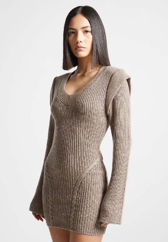 Wide Shoulder Knitted Contour Mini Dress - Taupe